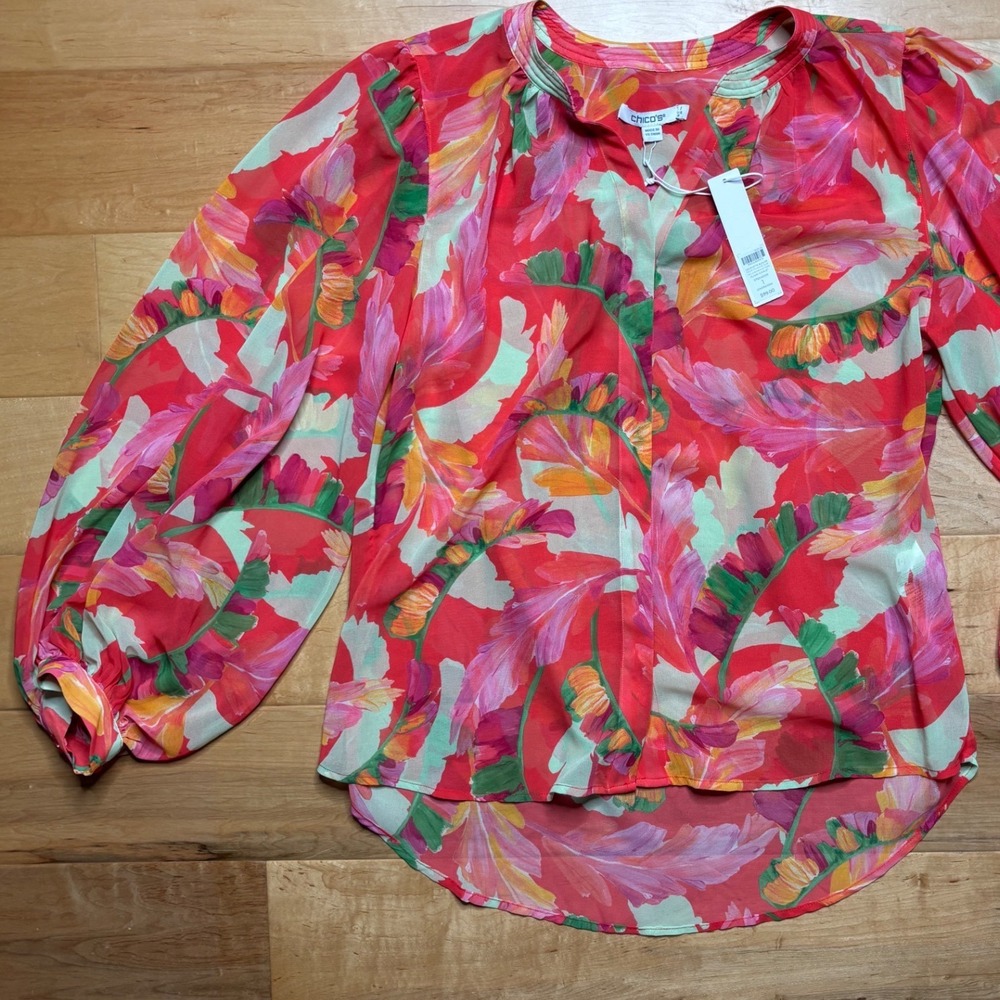 Chico's Georgette Blouse Women 1 Fiesta Foliage Flame Long Sleeve Sheer Top